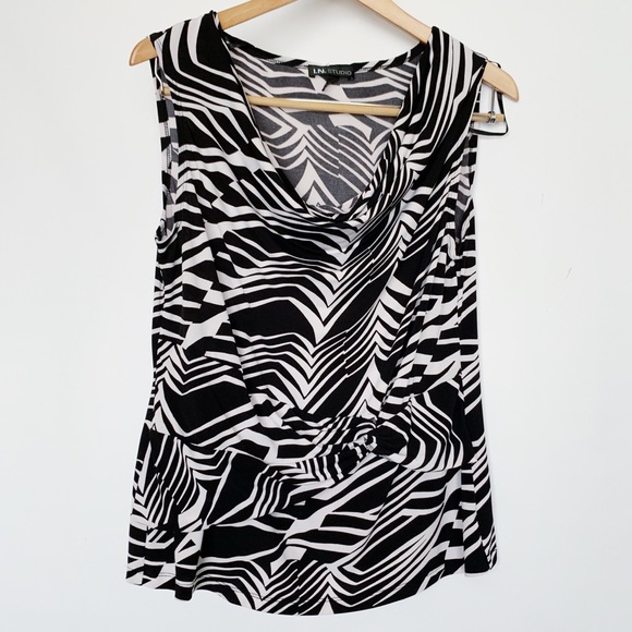 I.N. Studio Tops - I.N. Studio Black & White Drape Neck Tank Top